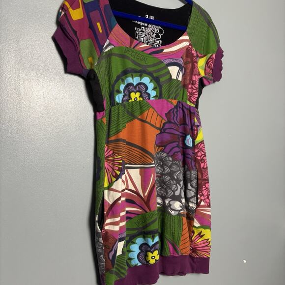Desigual Women's Printed Round Neck Casual Blouson Dress Green/Purple Large - Picture 2 of 10